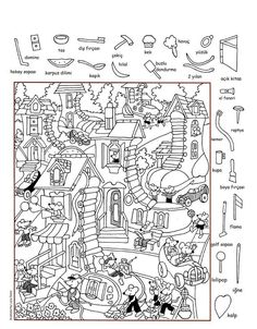 a coloring page with an image of a city in the middle and lots of other things on