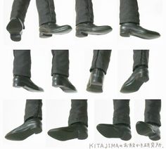 the legs and feet of an individual in various poses, all wearing black leather shoes