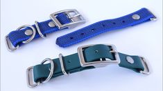 two pieces of blue and green leather with metal buckles on each side, one piece has a silver clasp