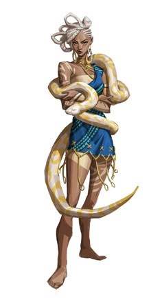 a woman holding a large snake in her hand and wearing a blue dress with gold trims