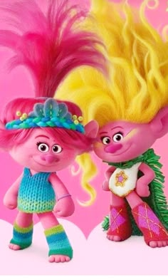 two cartoon characters are standing next to each other in front of a pink background with swirly hair