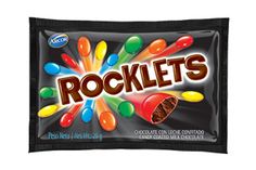 rockys chocolate candy bar with colorful candies in it's wrapper, on a white background