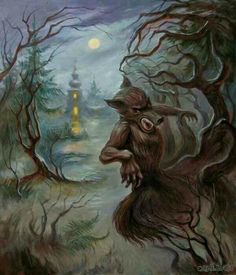 a painting of a demon in the woods with trees and a light house behind it