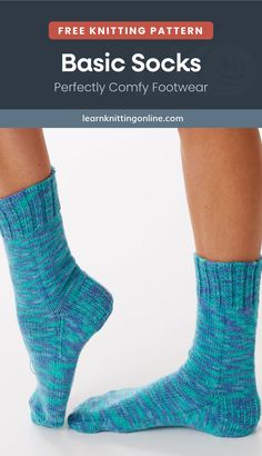 a woman's legs wearing blue socks with text overlay reading basic socks perfectly comfy footwear