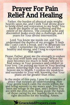 prayer for pain relief and healing with an image of the back side of a card