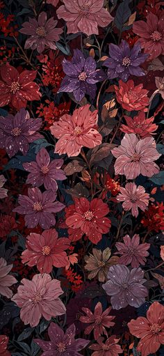 a bunch of flowers that are in the dark night sky with red, purple and green leaves