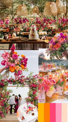 a collage of photos with flowers, candles and cake on it's table