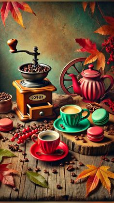 a painting of coffee and fall leaves on a table with an old fashioned grinder