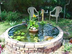 a fish pond in the middle of a garden with two chairs around it and a fire hydrant