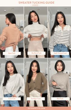 How to tuck a chunky knit sweater Cable Knit Sweater Tuck, Office Outfits Women Sweater, Big Sweater Hacks, Too Big Sweater Hack, Sweater Too Big Hacks, Sweater Office Outfits, Petite Office Outfits, Layered Sweater Outfits, Big Sweater Outfit