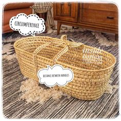 a woven basket sitting on top of a rug next to a dresser with a thought bubble above it