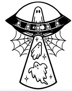 a black and white drawing of an alien ship with ghost heads floating in the sky