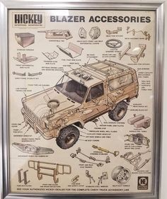 a framed poster with an image of a jeep and parts on it's side