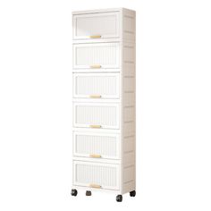 a tall white cabinet with four drawers on casteors and wheels, against a white background