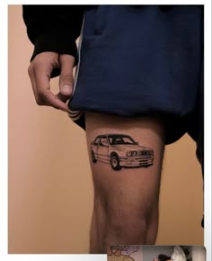 a man's leg with a car tattoo on it, and an image of his legs