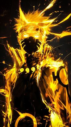 an anime character with yellow hair standing in front of fire and black background that says go