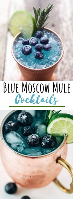 the blue moscow mule cocktail is served in copper cups and garnished with limes