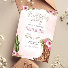 a birthday party card with an image of a boot and flowers