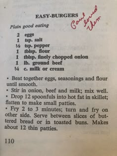 an old recipe book with instructions on how to make hamburger patties and other ingredients