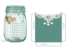 a glass jar with lace and flowers on it next to a cut - out card