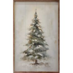 a painting of a pine tree with snow on the ground and behind it is a brown frame