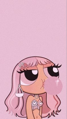 a cartoon girl with pink hair and big eyes holding a cell phone in her hand