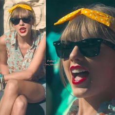 a woman wearing sunglasses and a yellow polka dot headband