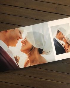 an open photo book with two pictures of a couple