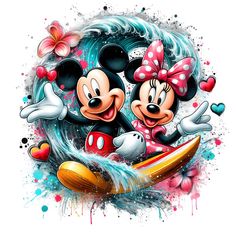 two mickey and minnie mouses are in the water with hearts on their heads, one is