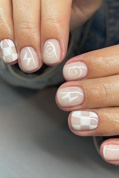 47 Chic & Beautiful Nude Nails for a Classy Manicure Short Nail Designs With White, Nail Design Natural Nails Short, Simple Nail Designs On Short Nails, Fun Cute Nail Designs, Short Nails With Smiley Faces, Multi Color Manicure Ideas, While Nail Ideas, Simple Nails Smiley Face, Ring Finger Nail Art Designs