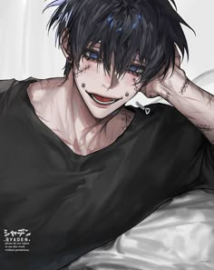 an anime character with black hair and piercings on his head, sitting in bed