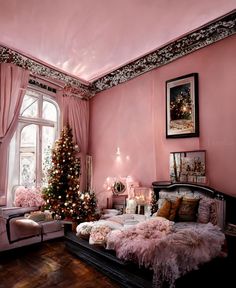 a bedroom decorated for christmas with pink walls