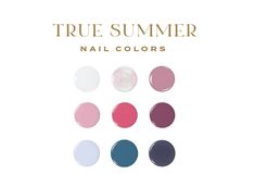 This PDF guide was created as a comprehensive list of all nail color falling within the True/Cool Summer Color Season in color typing. These colors have been carefully matched and ensure that you will choose a nail color that complements the rest of your look.  - GUIDE INCLUDES: 1. Colors listed by brand. Brands include: Essie, Essie Gel Couture, Essie Expressie, OPI Infinite Shine & Regular, OPI Gel, OPI Nature Strong, Olive & June, Le Macaron Gel, Pacifica, Nailtopia, Zoya, Sally Hansen Insta Dri and Sally Hansen Miracle Gel  2. Guides include over 100+ carefully selected and color matched shades.  2. Looking for a brand not listed? Send us a message and we will track down the coordinating colors for you!  This item is a digital download. After purchase, you will be able to download righ Best Nail Polish For Cool Skin Tones, Summer Palette Nail Colors, Cool Summer Palette Nails, Winter Nail Color Combos, True Summer Eyeshadow Palette, Nail Colour Palette, True Summer Color Palette Nail Polish, True Summer Nails, Cool Summer Nail Colors