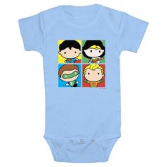 Watch out, villains! You don't stand a chance against one of these officially licensed DC Comics Justice League styles! This Chibi Portraits Infant Graphic Bodysuit features your baby's favorite heroes including Superman, Wonder Woman, Green Lantern, and Aquaman displayed in their cutest form within yellow, green, blue, and red squares across the front. Get your little ones this new graphic apparel and they'll become a member of the Justice League today! Graphic Onesies, The Justice League, Harry Potter Baby, One Piece Clothing, Superman Wonder Woman, Gerber Baby, Colorful Portrait, Gender Neutral Baby Clothes, Graphic Apparel