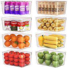 six plastic containers filled with different types of fruits and vegetables