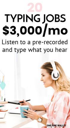 a woman sitting in front of a computer with headphones on her ears and the words typing jobs $ 3, 000 / mo listen to a pre - recorded and type what you hear