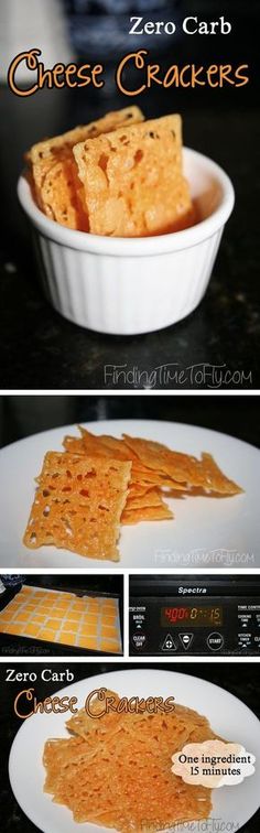 cheese crackers in a white bowl on top of a plate with the words zero carb crackers