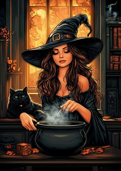 a woman in a witches hat stirring a caulder with a black cat sitting next to her