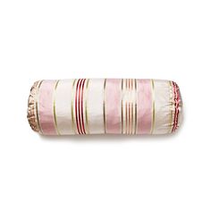 a roll of pink and green striped fabric on a white background with gold trimmings