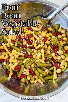 Colorful bean salad garnished with red onion in a stainless steel mixing bowl with text overlays. Garbanzo Beans Salad, Wax Beans, Beans Vegetable, Wax Bean, Three Bean Salad, Red Kidney Bean, Vinaigrette Dressing, Green Bell Peppers, Garbanzo Beans