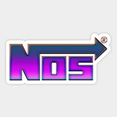 the word nos with an arrow in purple and blue on a white background sticker