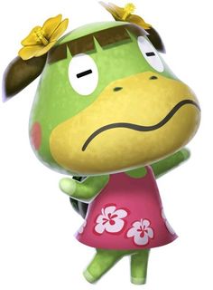 a cartoon animal with a flower on her head and an angry look at the camera