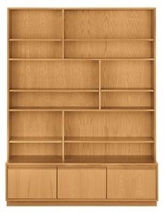 an open bookcase with drawers and shelves on each side, isolated against a white background