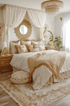 a large bed sitting in a bedroom next to a window with white drapes on it