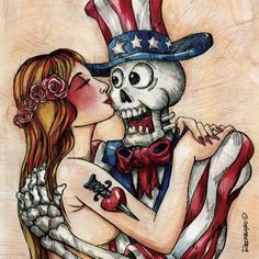 a drawing of a skeleton hugging a woman with an american flag hat on her head