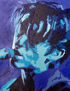 a painting of a man with his mouth open in blue and black colors on a purple background