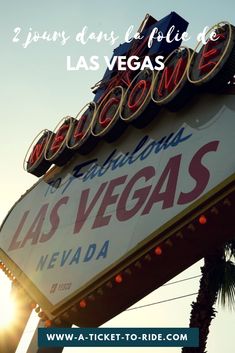 the las vegas sign is lit up at sunset with text overlaying it that reads,