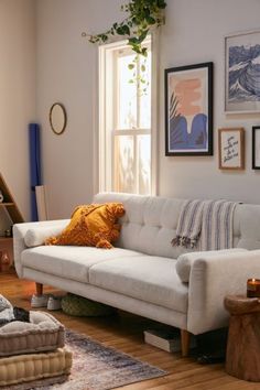 a living room filled with furniture and pictures hanging on the wall above it's windows