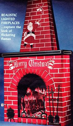 an advertisement for a brick fireplace with santa claus on it's chimney and the words merry christmas written below