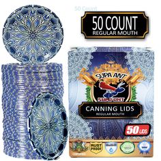 50 count royal mount casino chips with blue and white patterns on the front, next to a